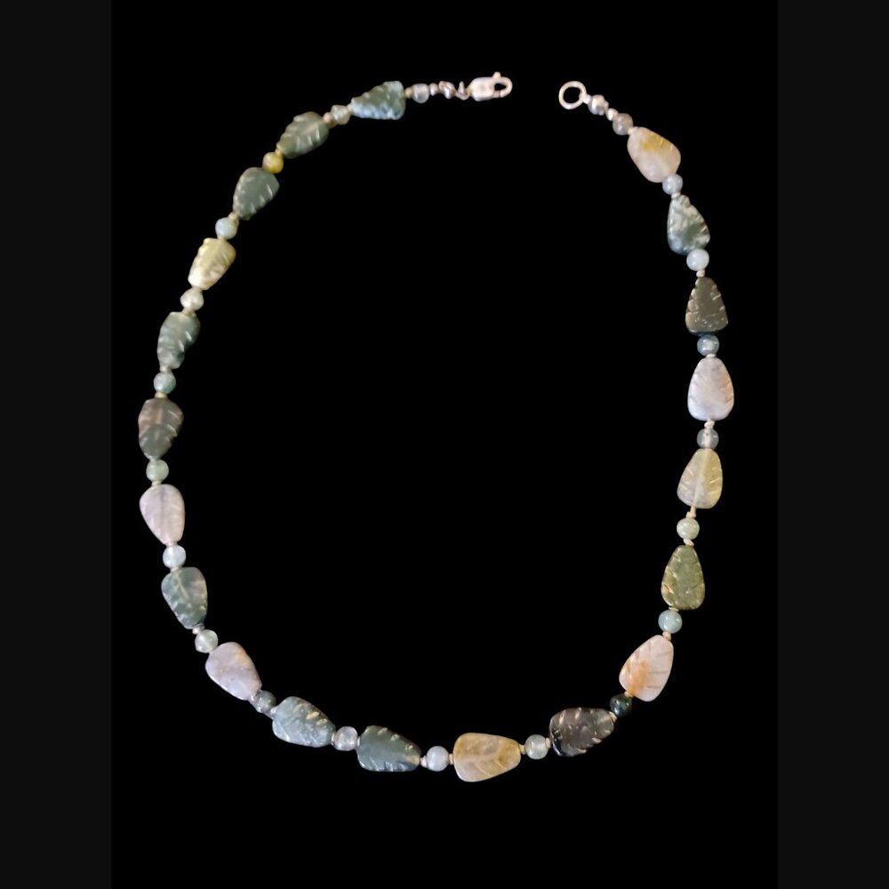 925 Sterling Silver Carved Natural Stone Leaf 16" Long Necklace